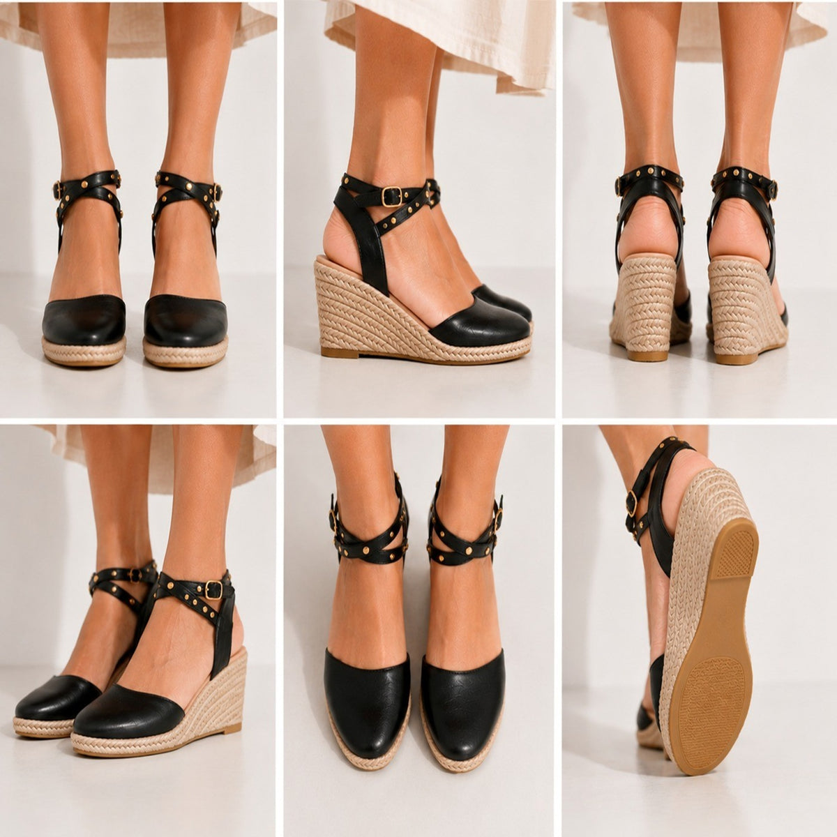 Studded Ankle Strap Espadrille Wedge Sandals