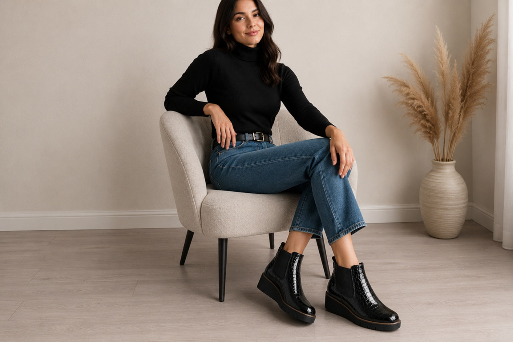 Black Patent Croc PU Wedge Twin Gusset Zip  Ankle Boots