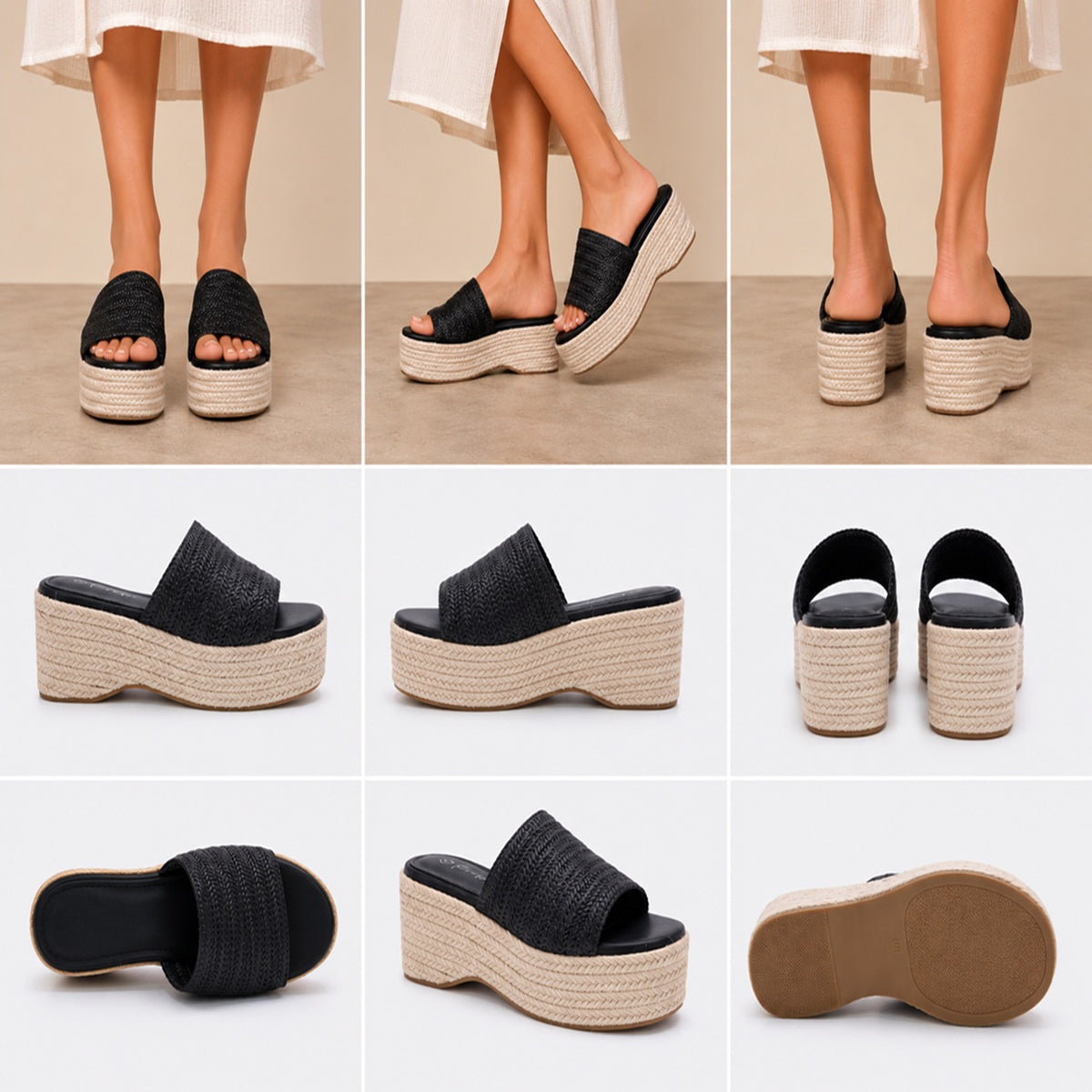 Black Woven Upper Jute High Platform Wedge Sandals