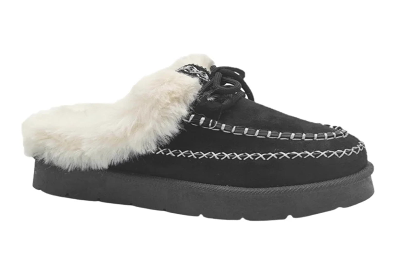 Embroidered Fluffy cozy moccasin-inspired slipper Black  Slippers