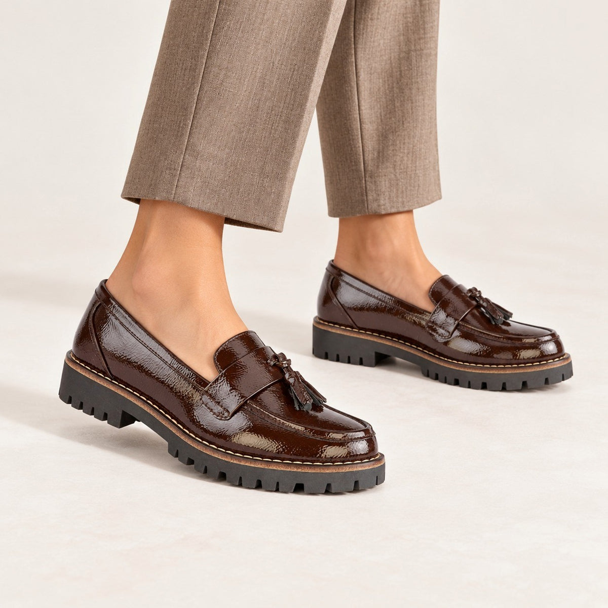 Women's Patent Tassel Loafers Chunky Lug Sole
