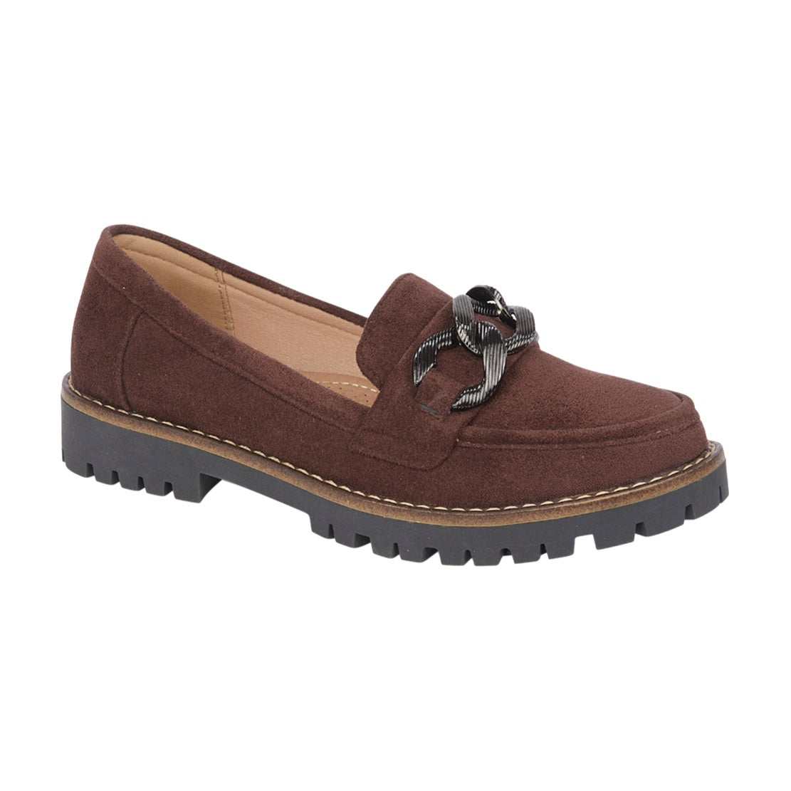 Faux Suede Mink Chic Loafers with Chunky Chain Trim