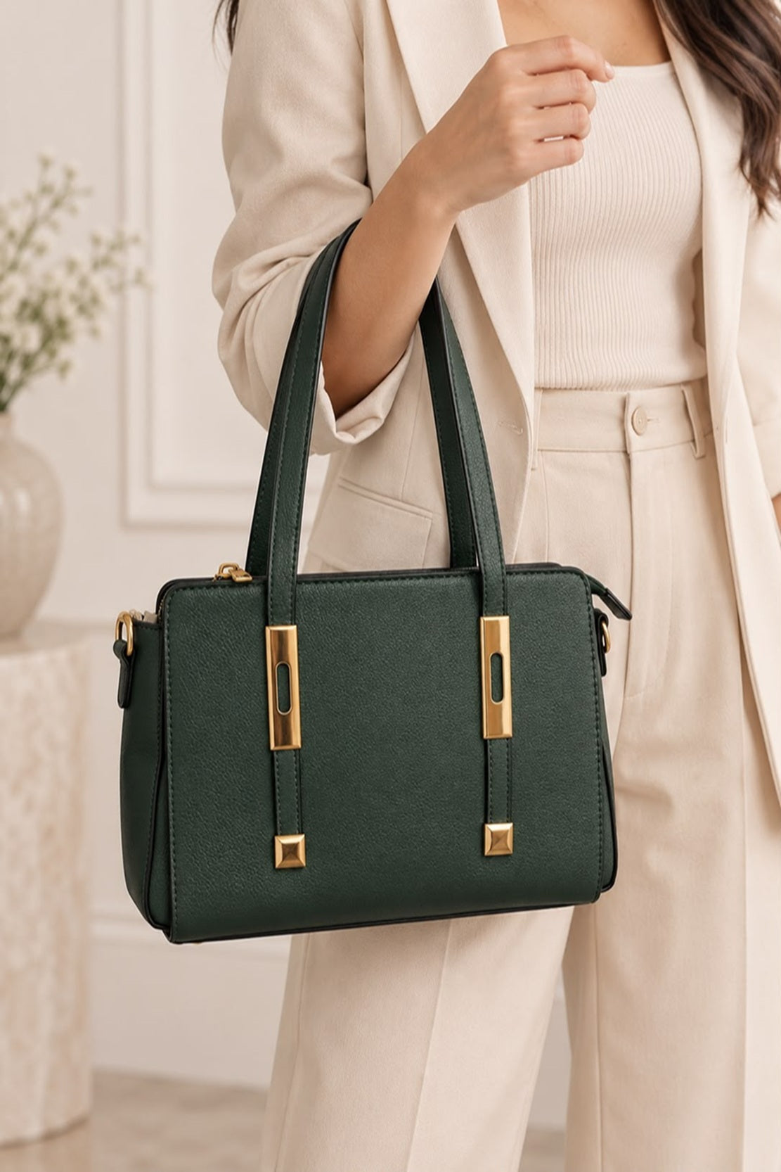 Women's Structured Faux Leather Crossbody Green Tote Bag
