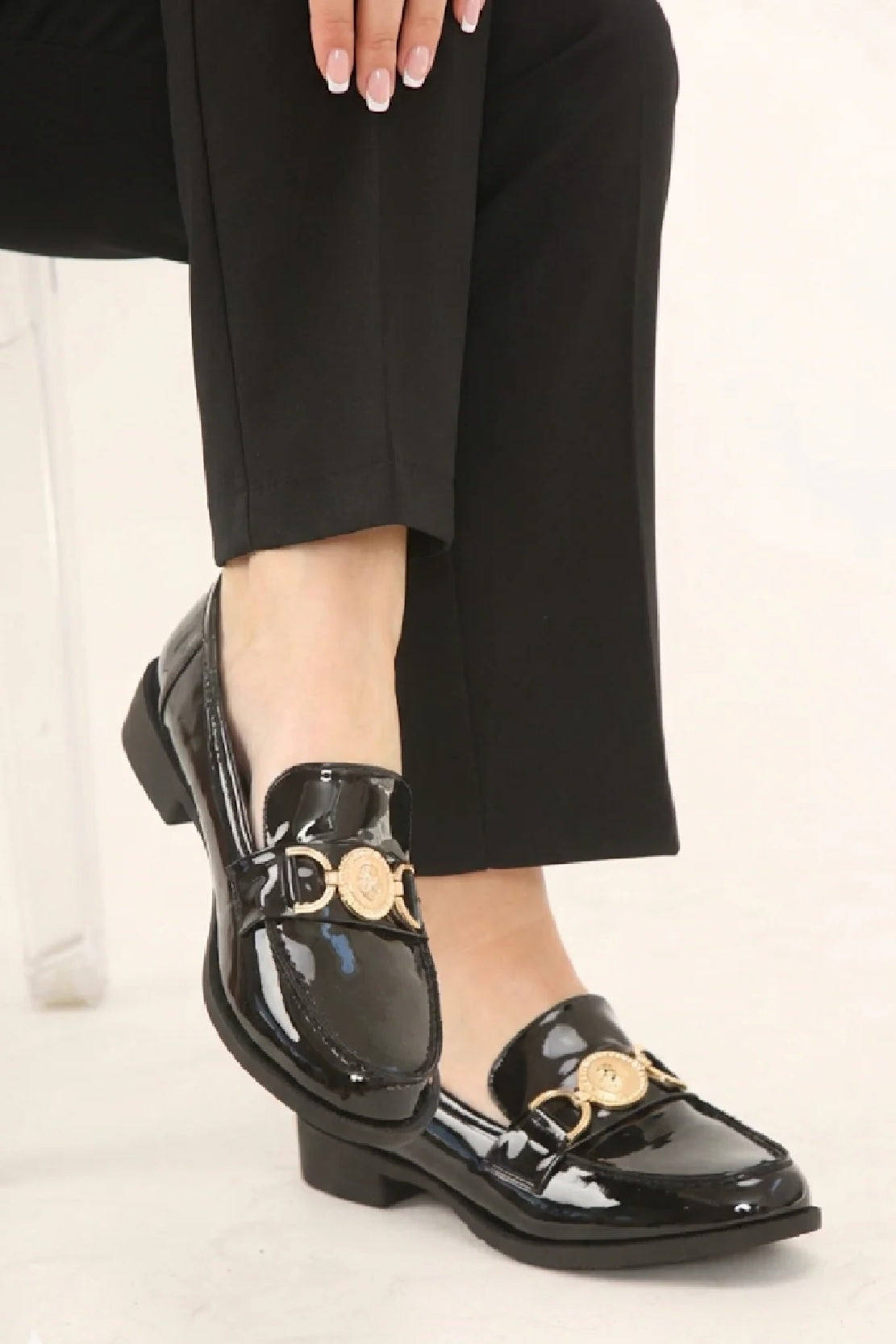 Black Patent Slip On Loafer Shoes Gold Medallion