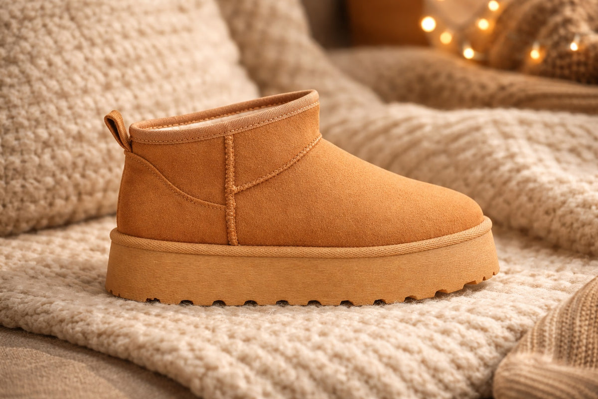 Platform Ankle Boots - Suede Slip-On Winter Shoes Chunky Sole