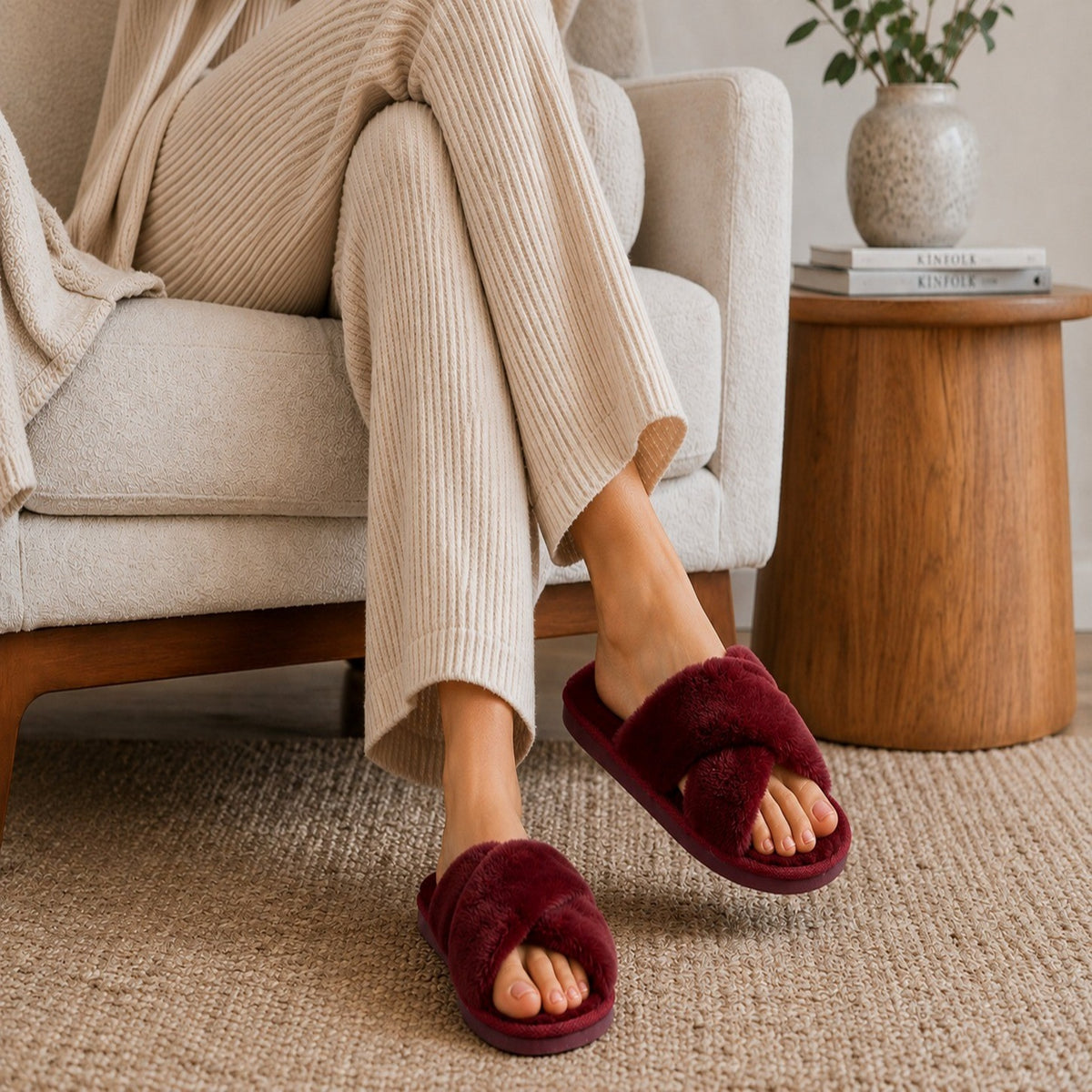 Faux Fur Cross Strap Flat Slippers