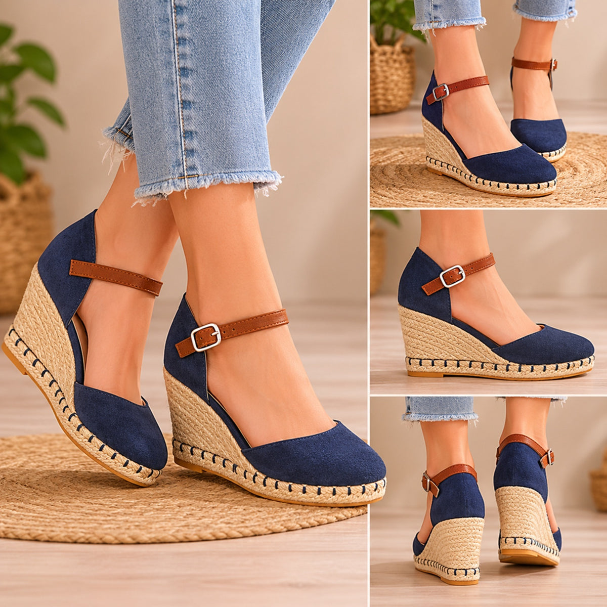 Women’s Navy Espadrille Wedge Sandals with Ankle Strap