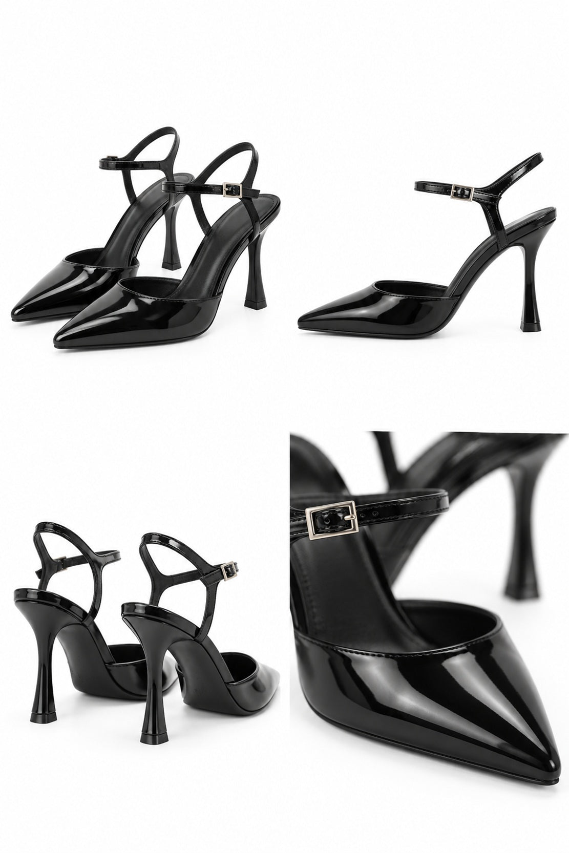 Black Shiny Buckled Strappy Detail Stiletto Pointed Heels