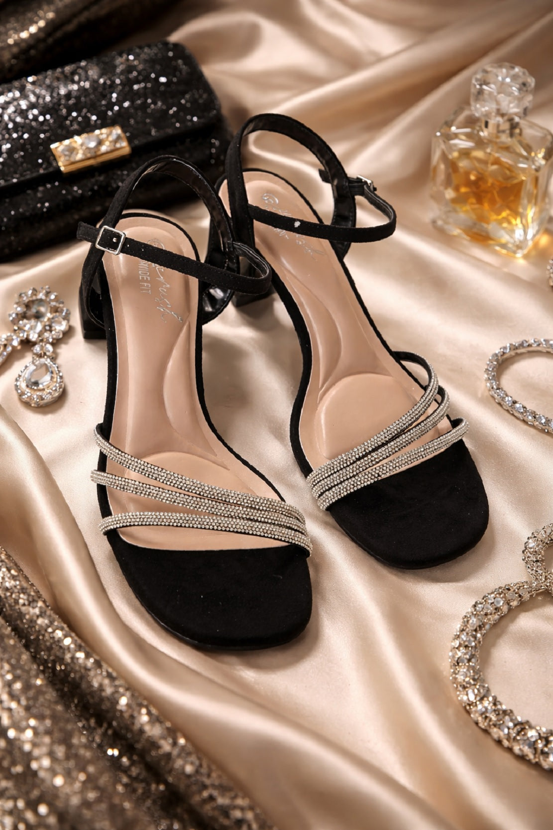 Black Rhinestone Block Heels Party Sandals Wide Fit