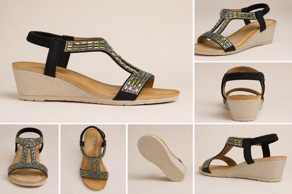 Embellished T-Strap Wedge Sandals with Elastic Back Strap Comfort