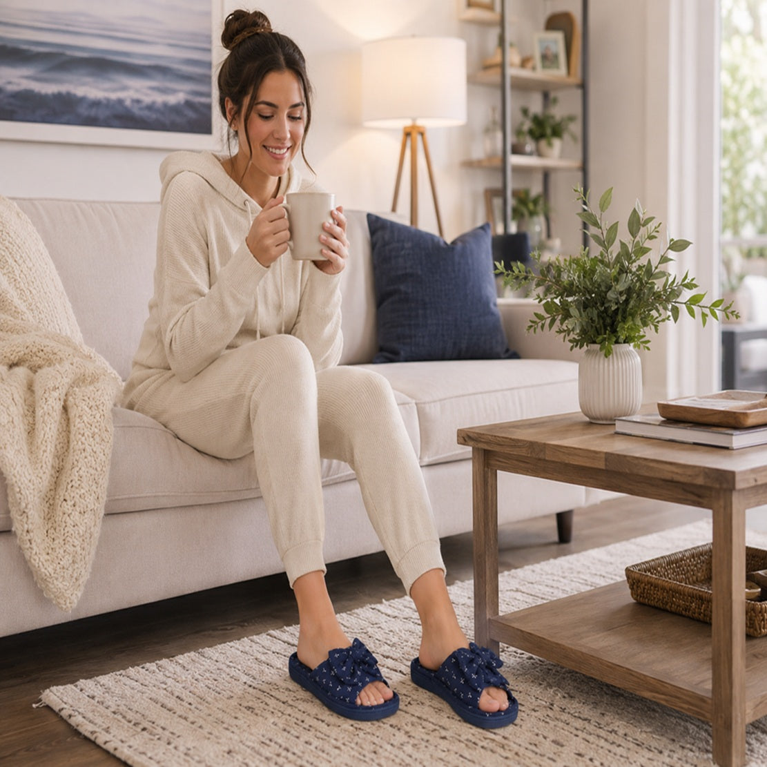 Soft Bow Slippers Navy Print Mule Slippers