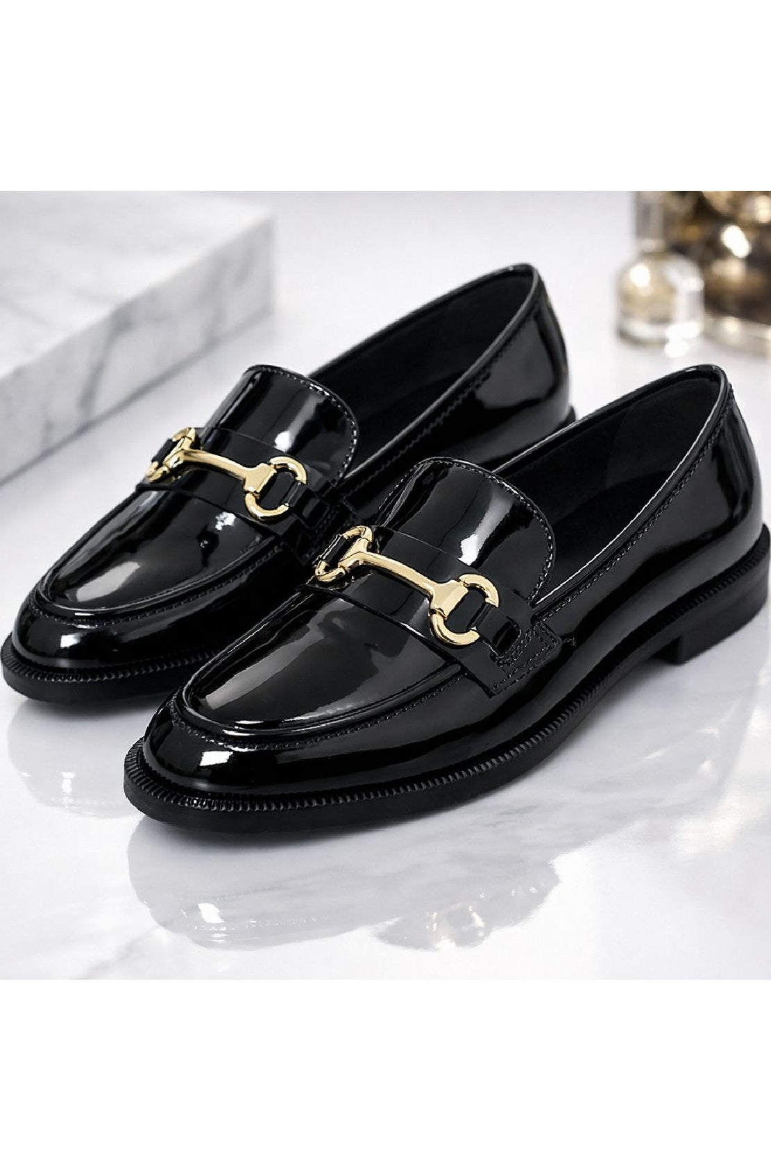 Black Patent Loafers - Glossy Metal Bit Slip-On Flat Shoes