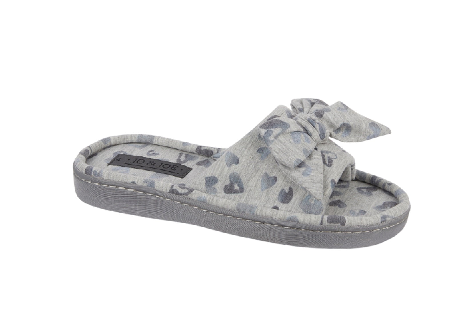 Women’s Soft Bow Slippers Grey Heart Print Cozy Slides