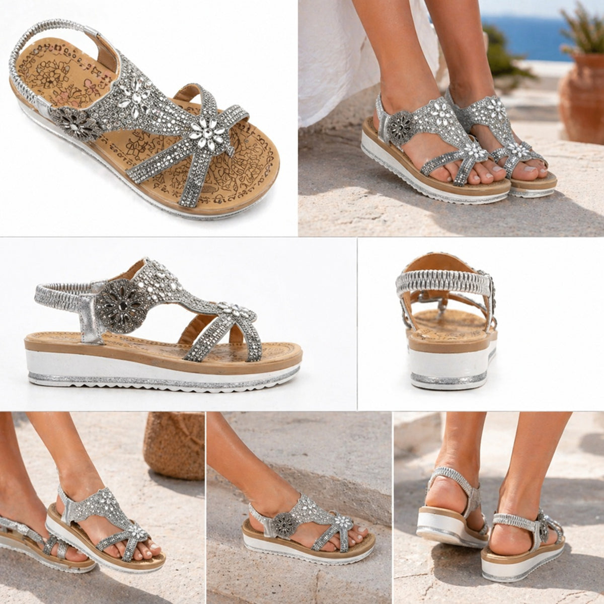 Metallic Silver Rhinestone Sandals Elastic Back Sparkly Flat Shoes