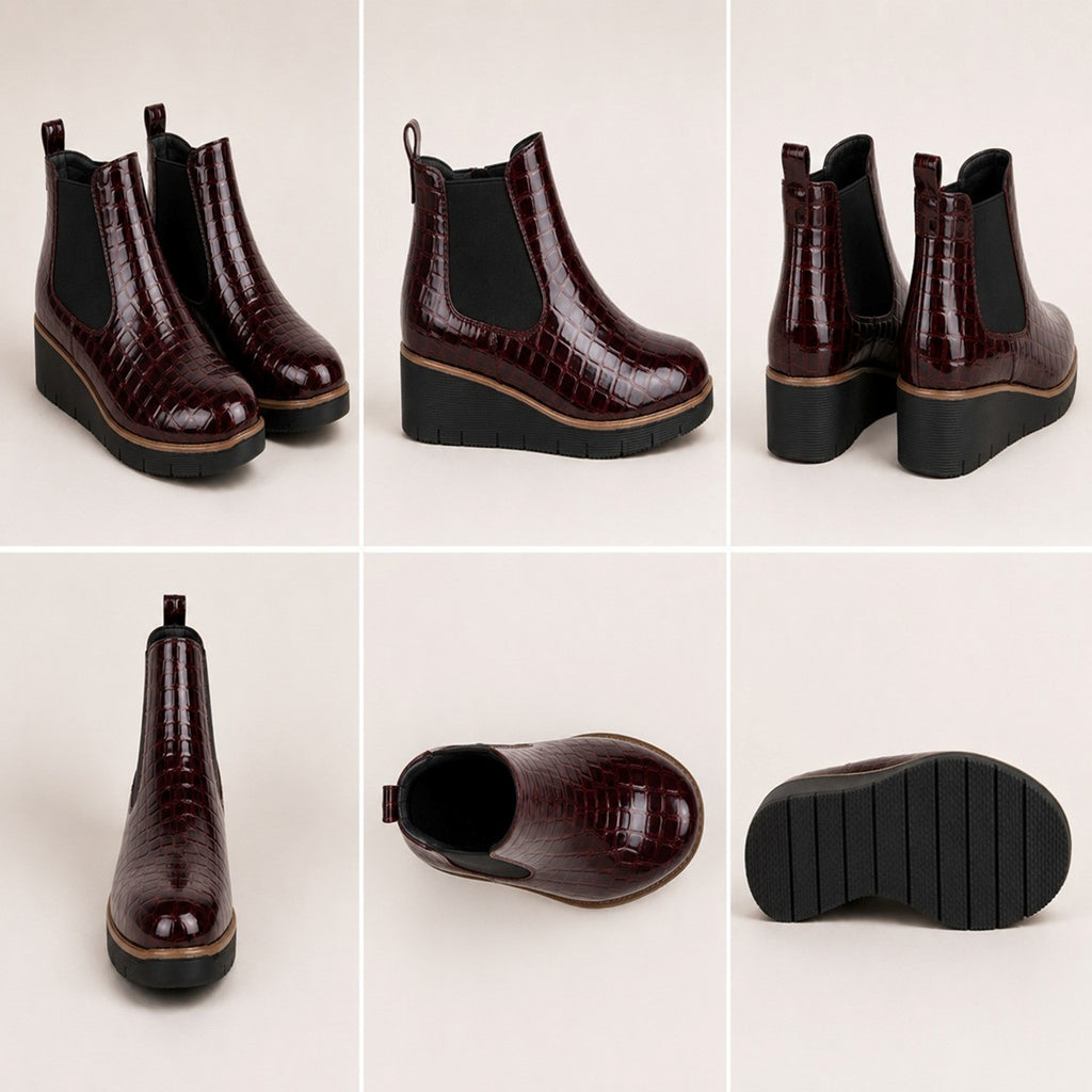 Burgundy Wedge Twin Gusset Ankle Boots Patent