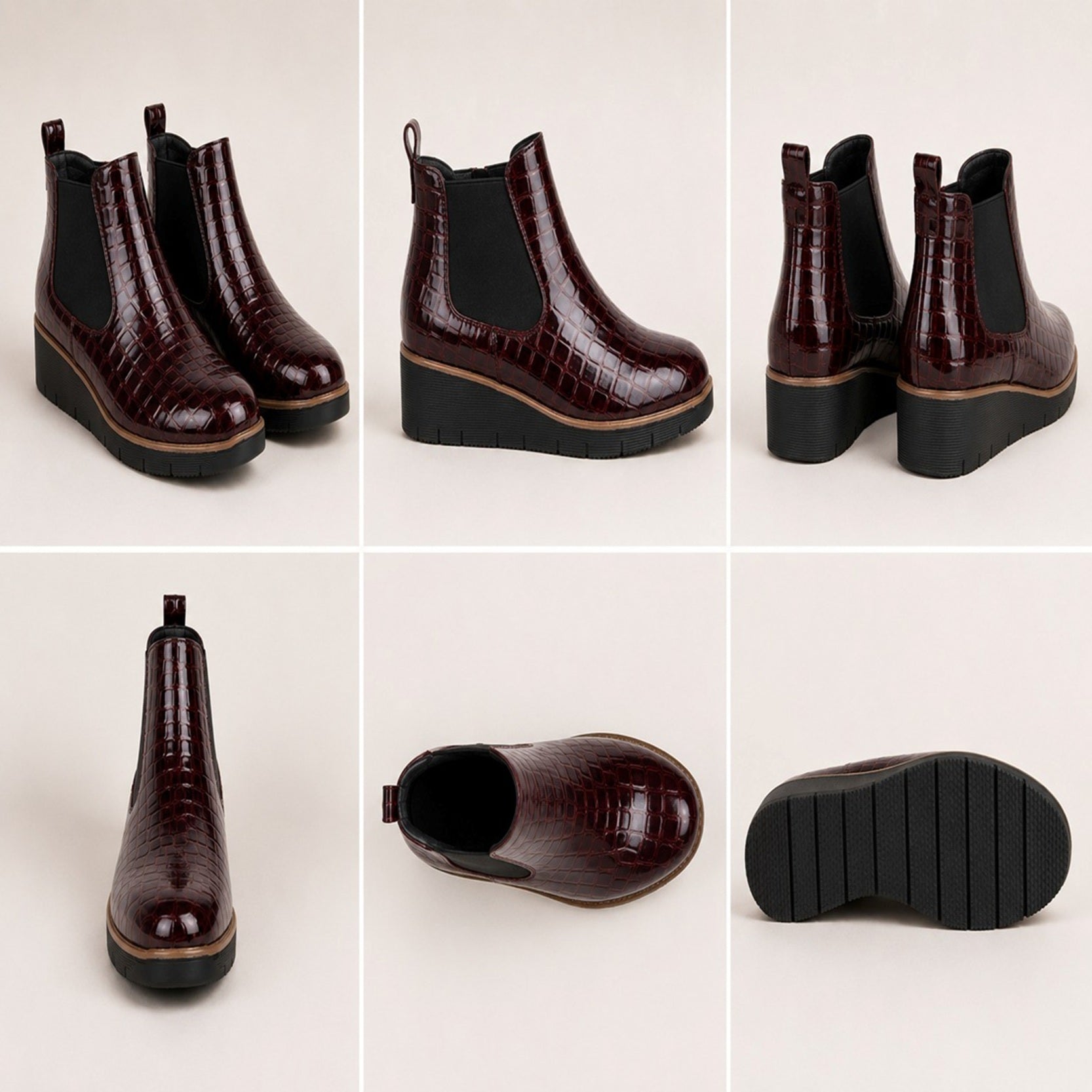 Burgundy Wedge Twin Gusset Ankle Boots Patent