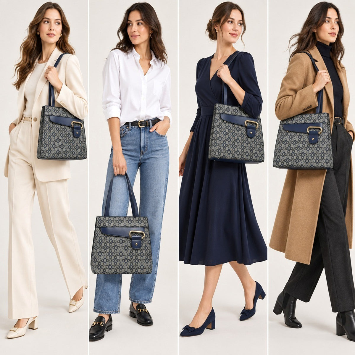 Women's Patterned Tote Shoulder Handbag with Buckle Detail