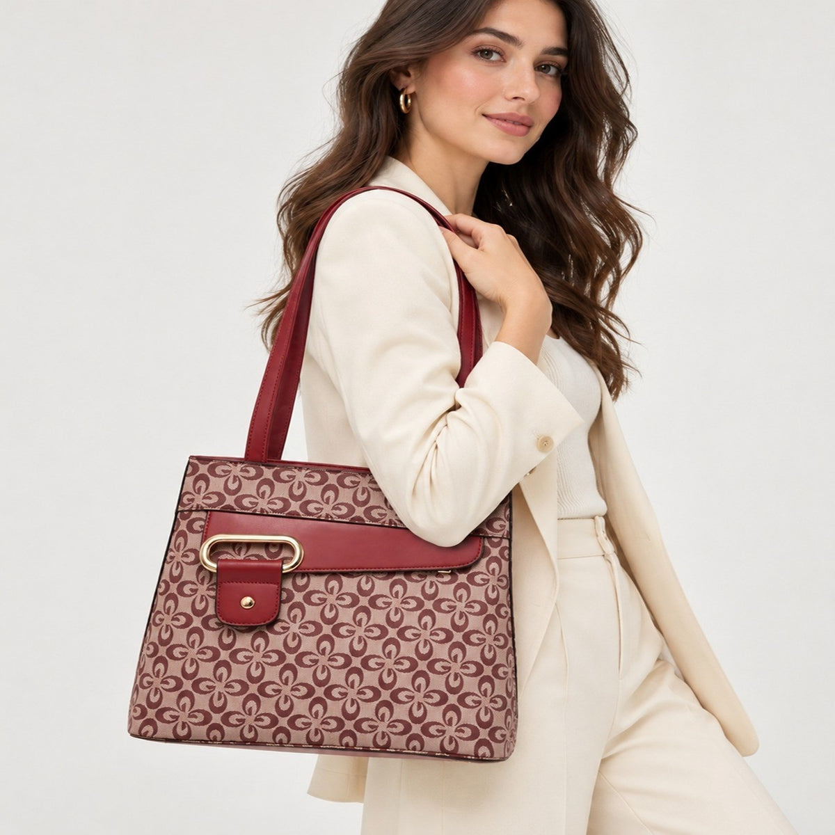 Women's Patterned Tote Shoulder Handbag with Buckle Detail