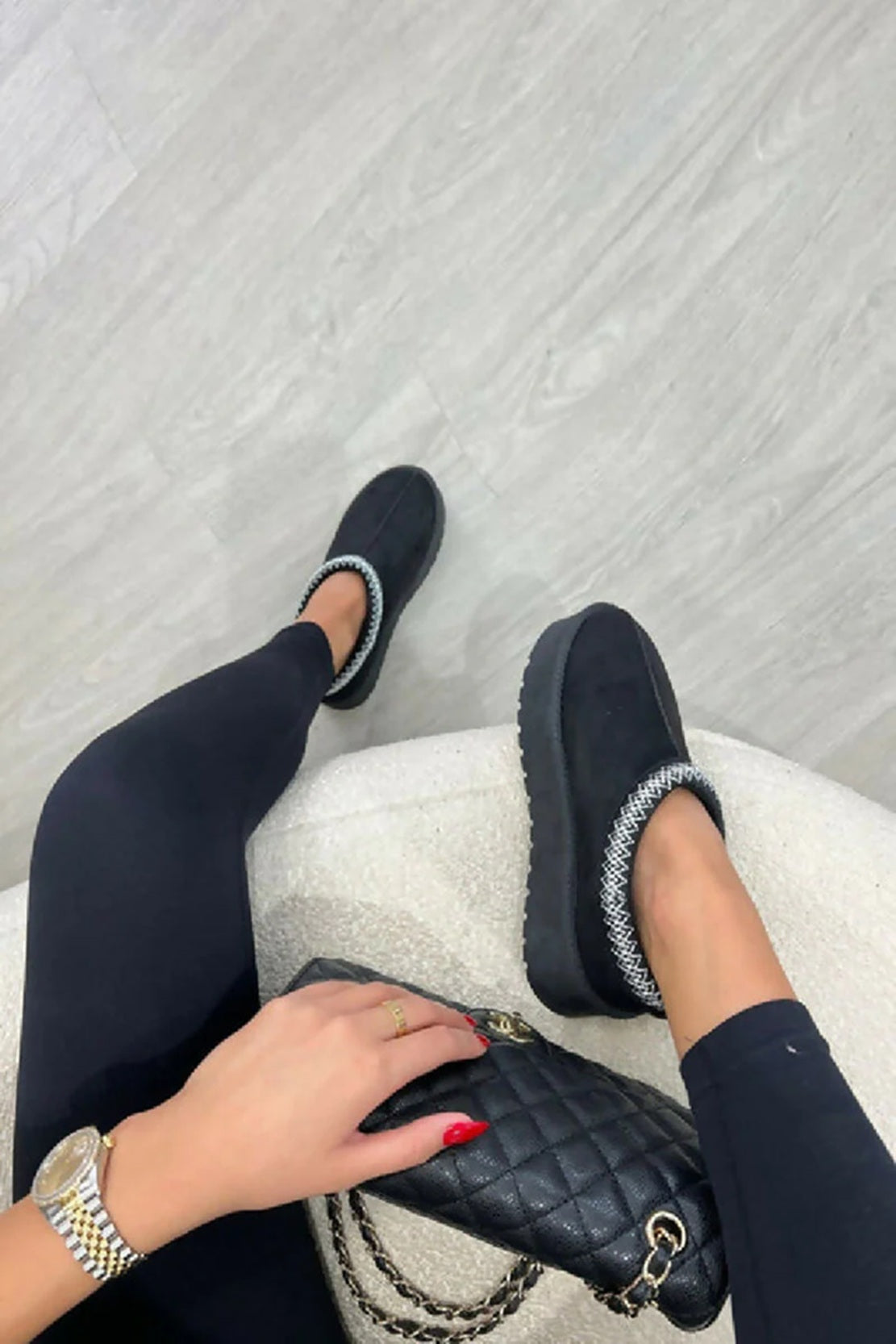 Embroidered Fluffy Platform  Black  Slippers