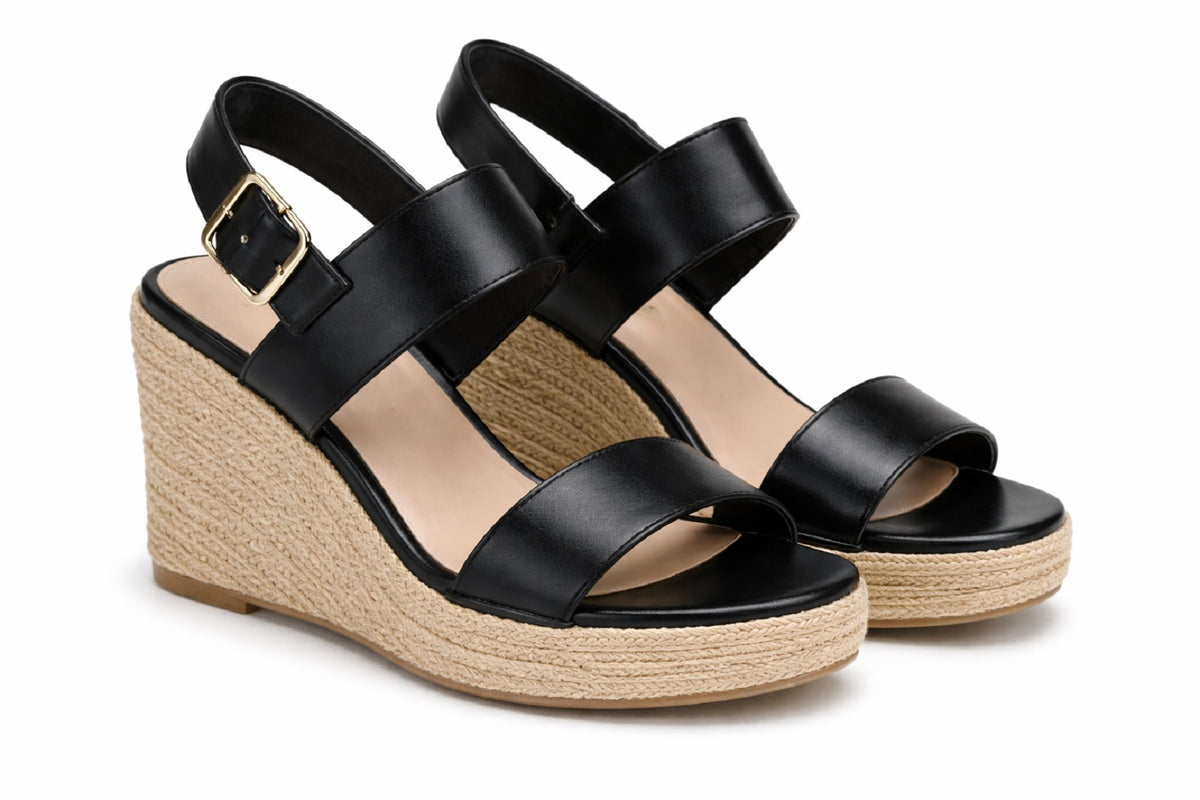 Women's Black Faux Leather Wedge Sandals Ankle Strap Platform Shoes