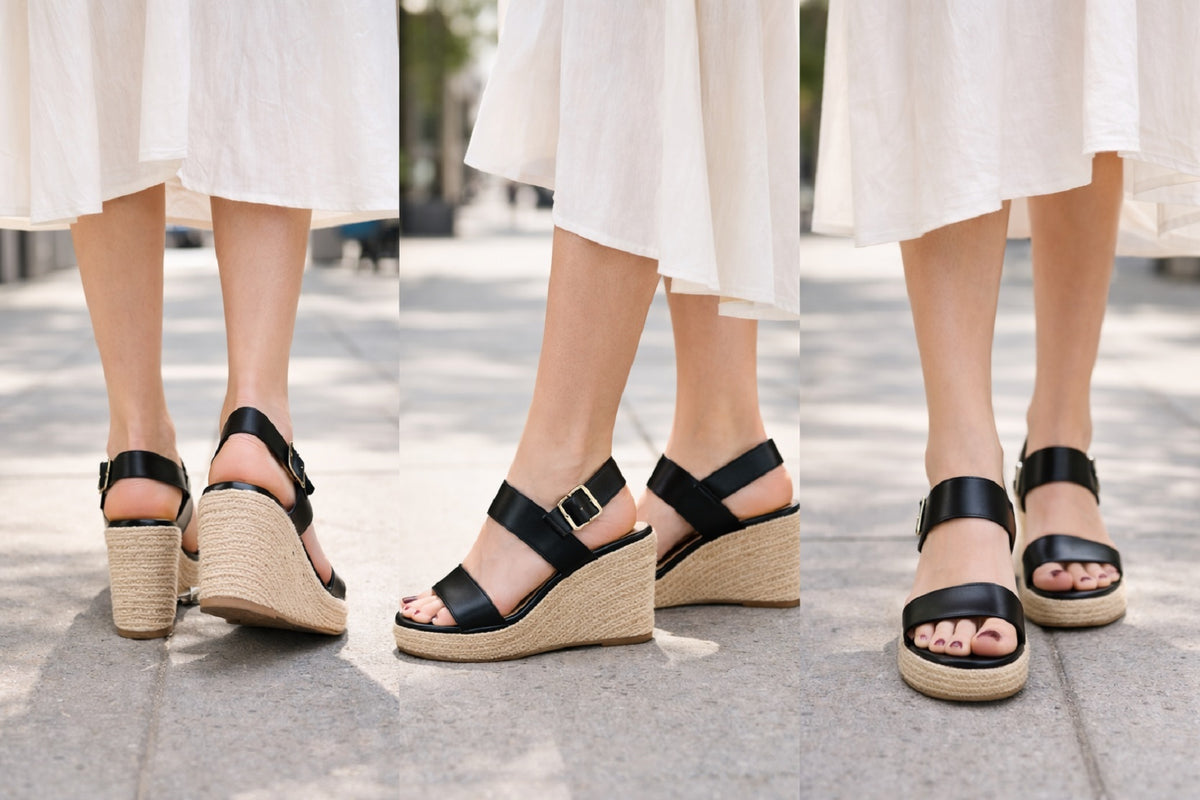 Women's Black Faux Leather Wedge Sandals Ankle Strap Platform Shoes