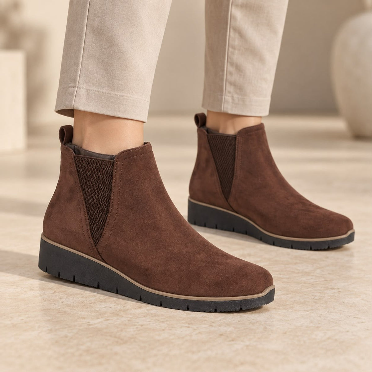 Suede Chelsea Ankle Boots - Elastic Side Panel, Comfortable Wedge Sole
