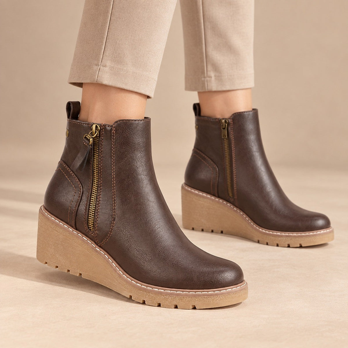 Classic Faux Leather Stylish Brown Wedge Ankle Boots