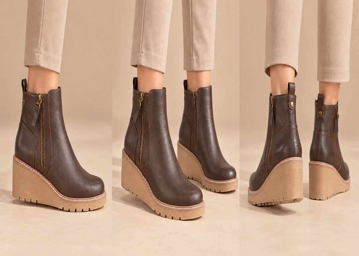 Classic Faux Leather Stylish Brown Wedge Ankle Boots