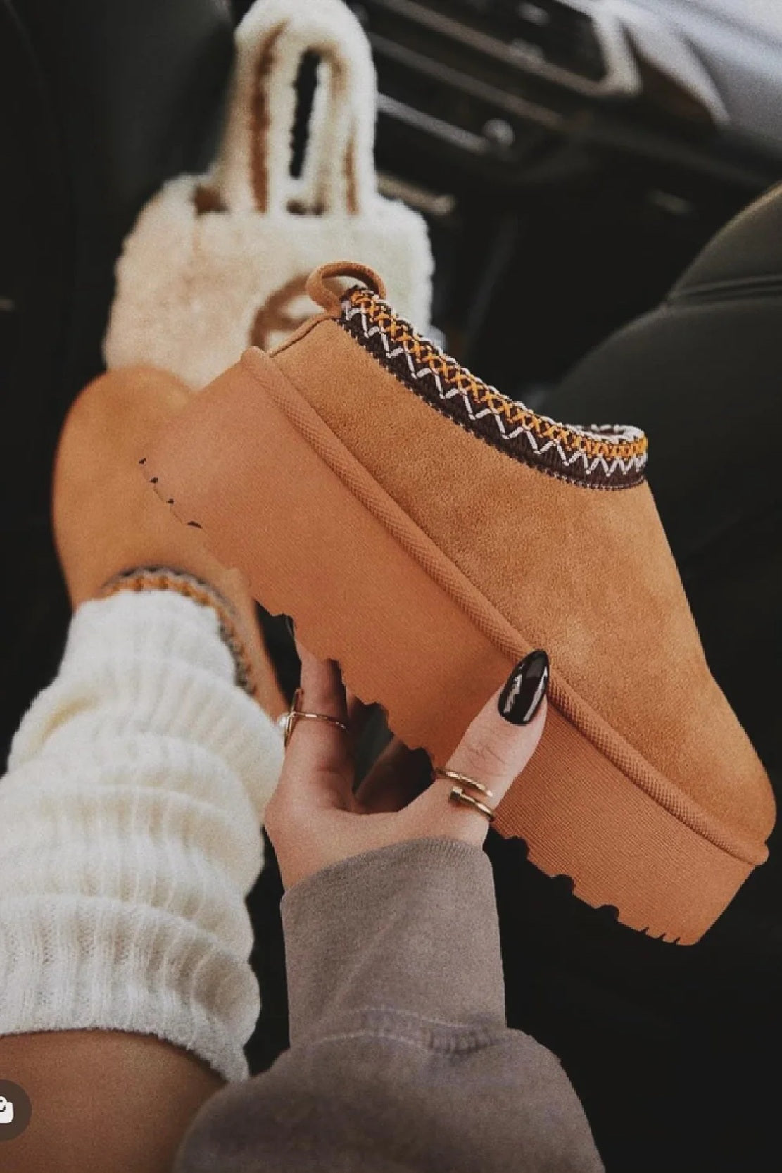 Cozy Suede Chestnut Tan Platform Slip-Ons Faux Fur Lined
