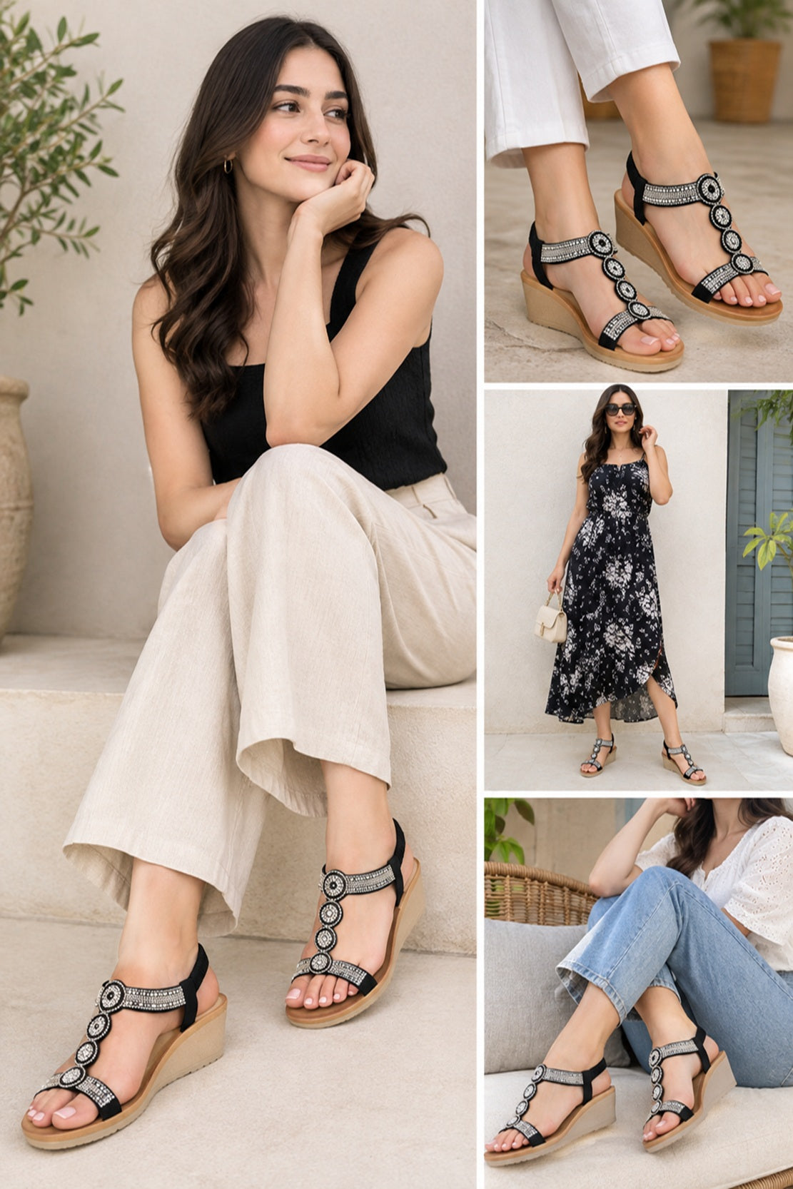 Rhinestone T-Strap Wedge Sandals Elastic Back Sparkly Comfort Shoes
