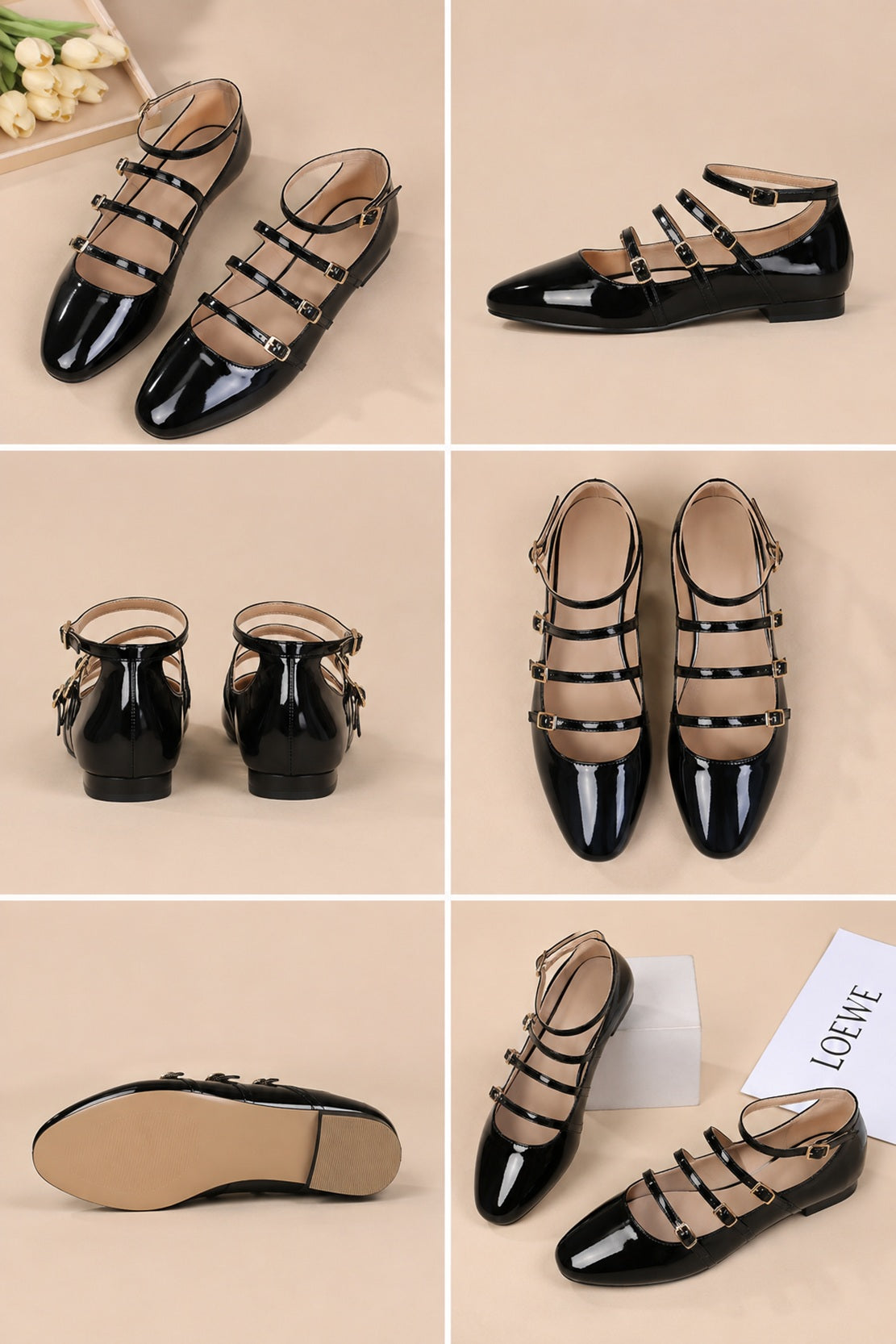 Black Patent Multi Strap Ballet Marry Janes Shoes Buckle Shiny