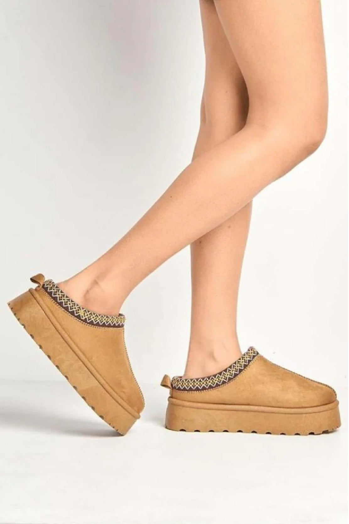 Cozy Suede Chestnut Tan Platform Slip-Ons Faux Fur Lined