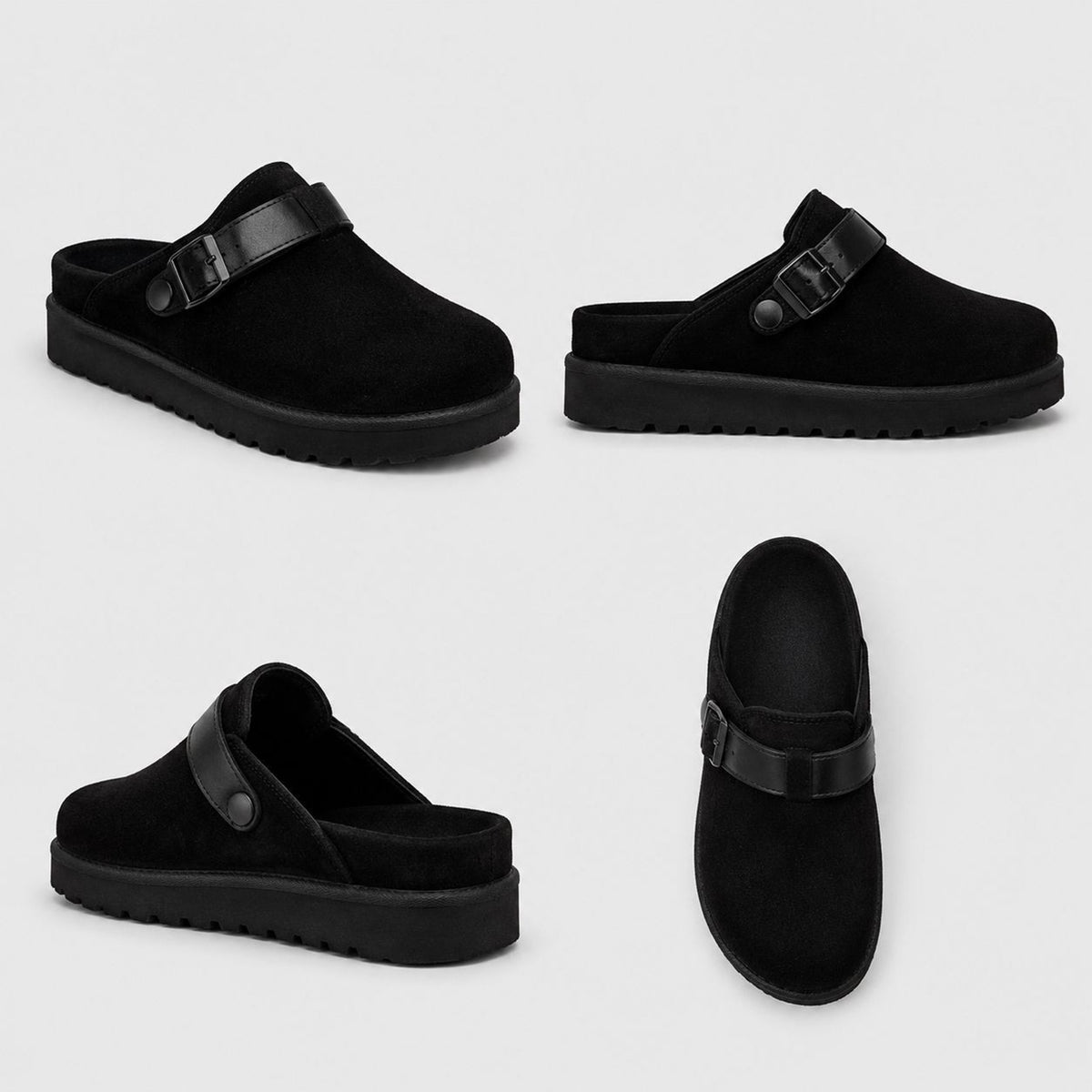 Black Suede Slip-On Clog with Adjustable Strap