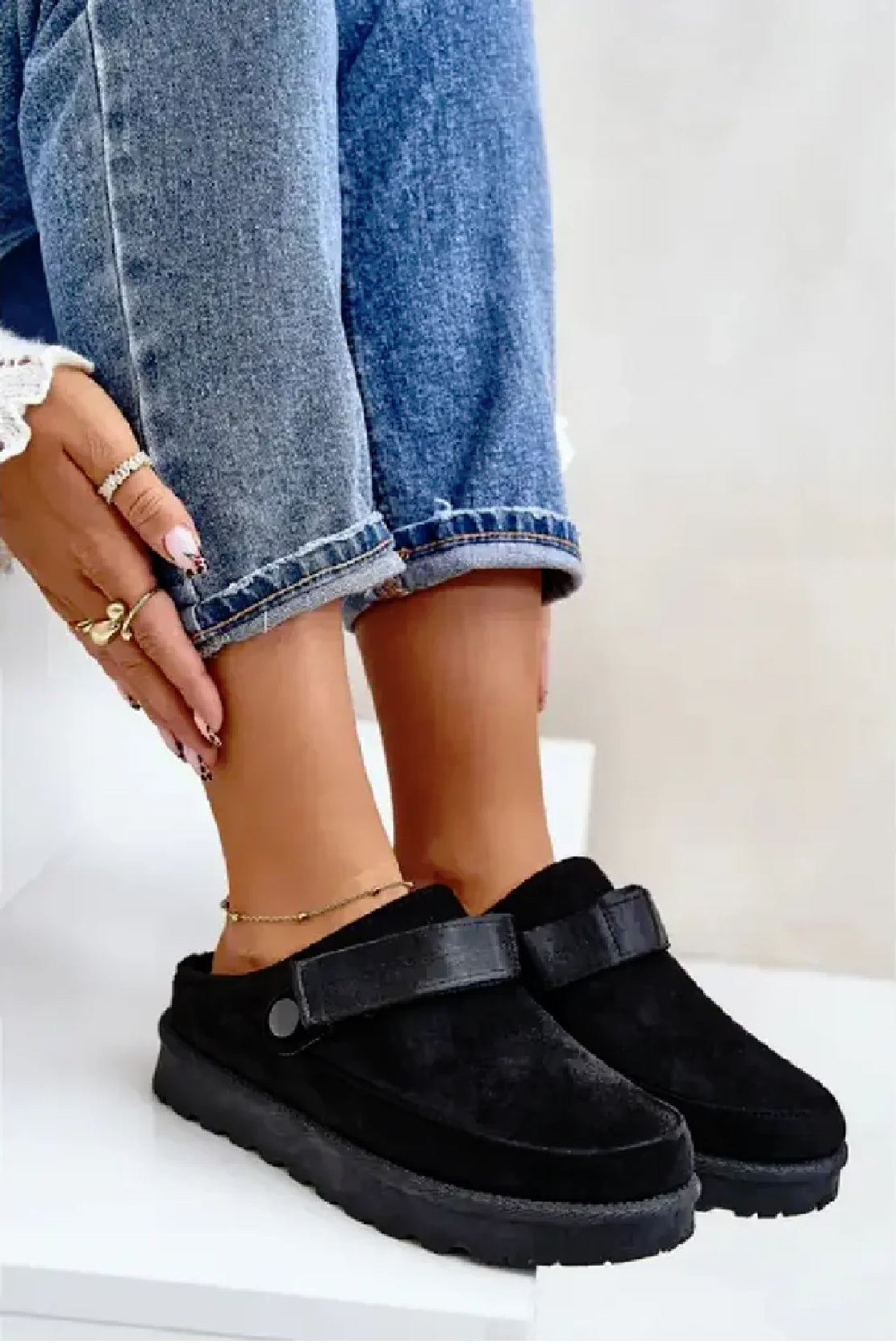 Black Suede Slip-On Clog with Adjustable Strap