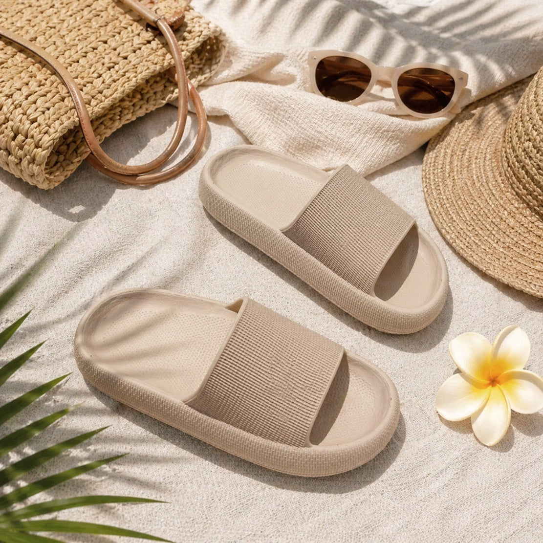 Women Bone Beige Chunky Slider sandals Waterproof