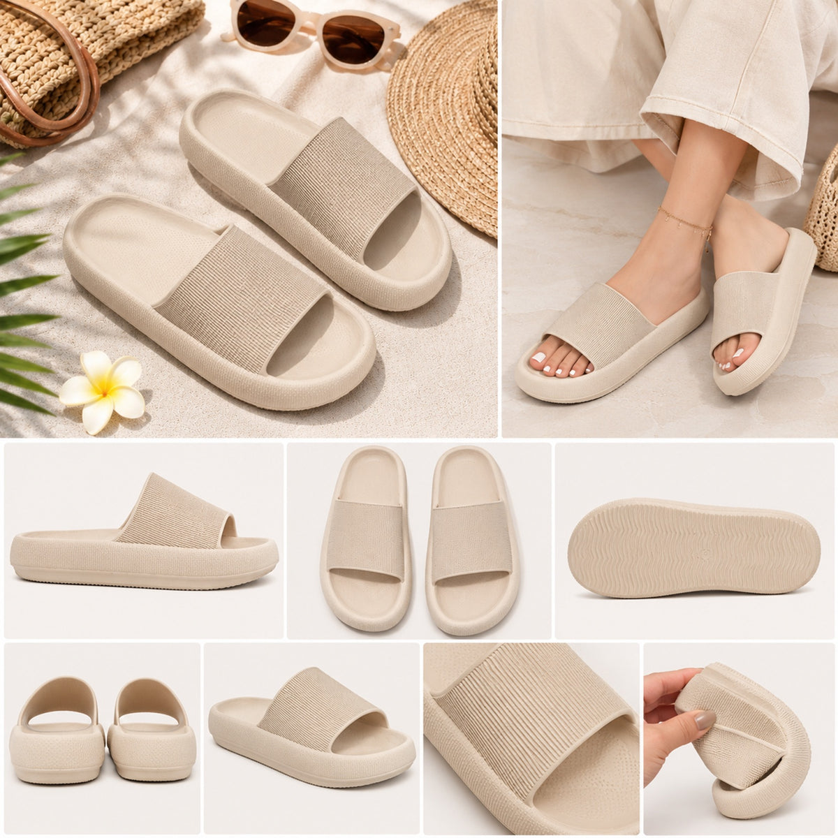 Women Bone Beige Chunky Slider sandals Waterproof