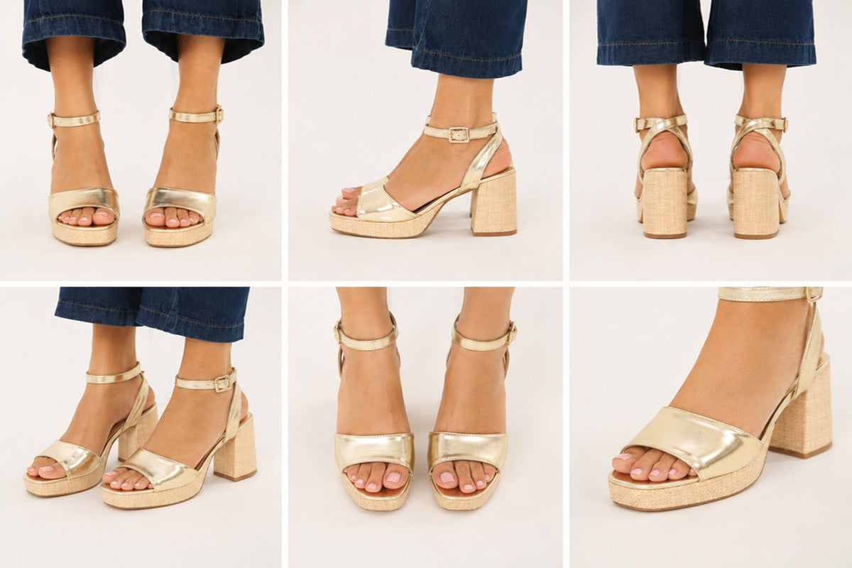 Gold Block Heels Strap Party Sandals Raffia Platform
