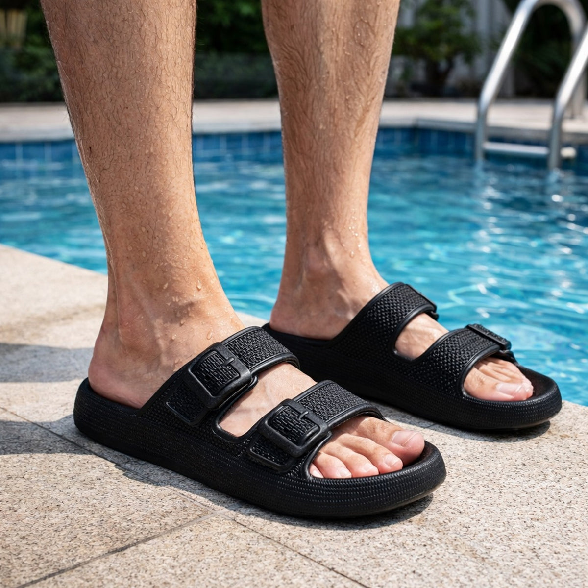 Twin Buckle Pillow Slides - Cushioned Adjustable Slip-On Black Sandals