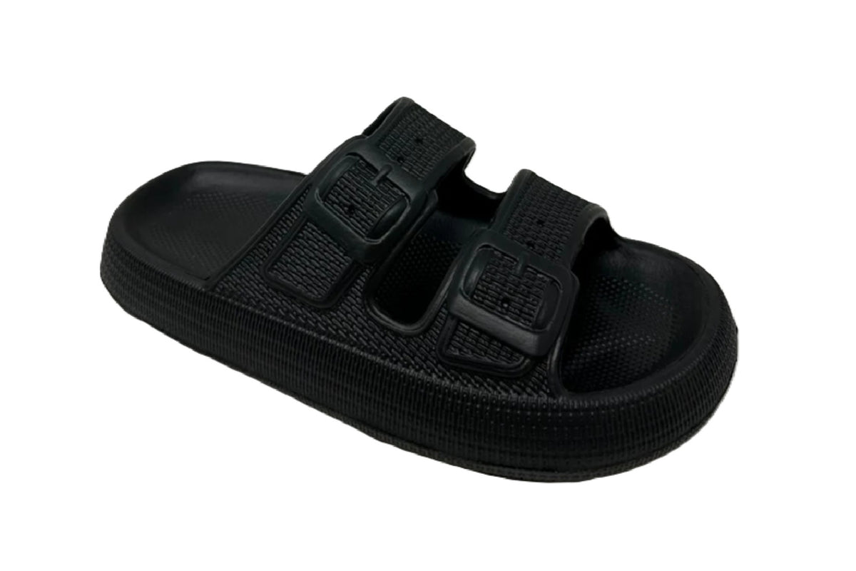 Twin Buckle Pillow Slides - Cushioned Adjustable Slip-On Black Sandals