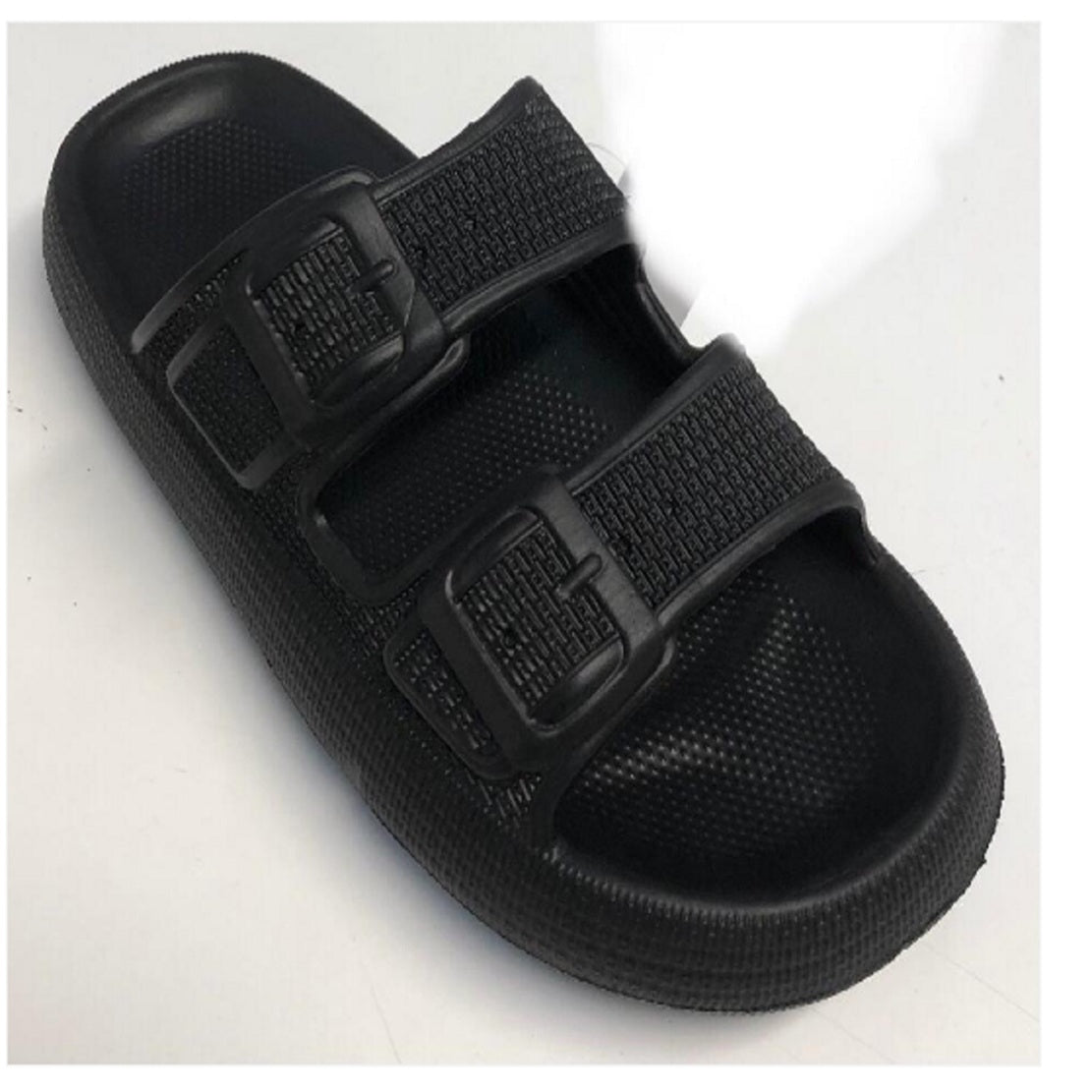 Twin Buckle Pillow Slides - Cushioned Adjustable Slip-On Black Sandals
