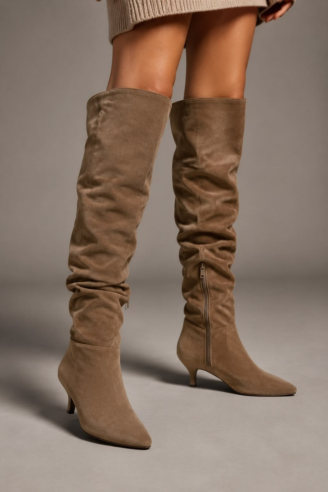 Pointed Kitten Heel Ruched Half-Zip Knee-High Boots - Wide Fit
