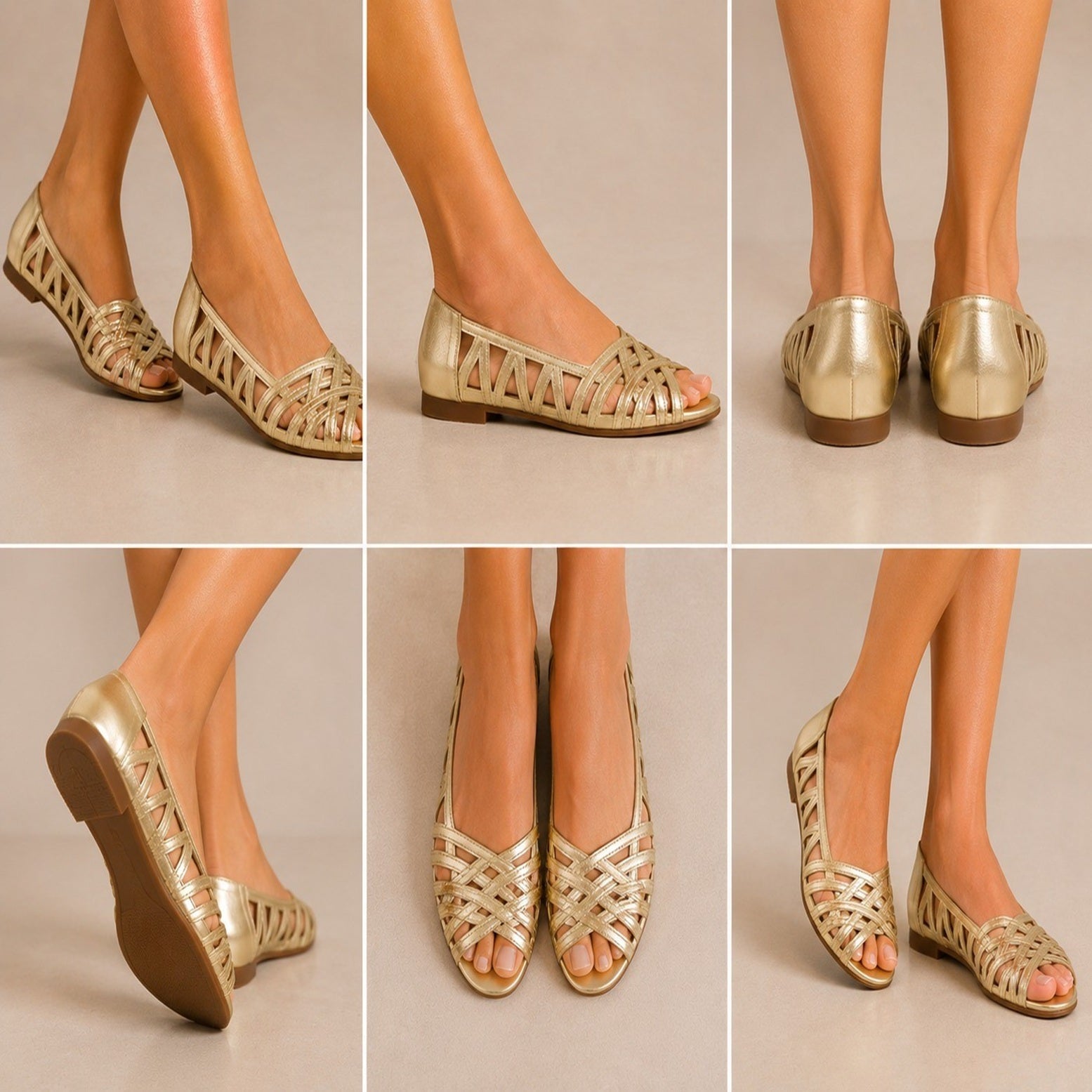 Women's Gold Multi-Strap Cut-Out Flat Sandals