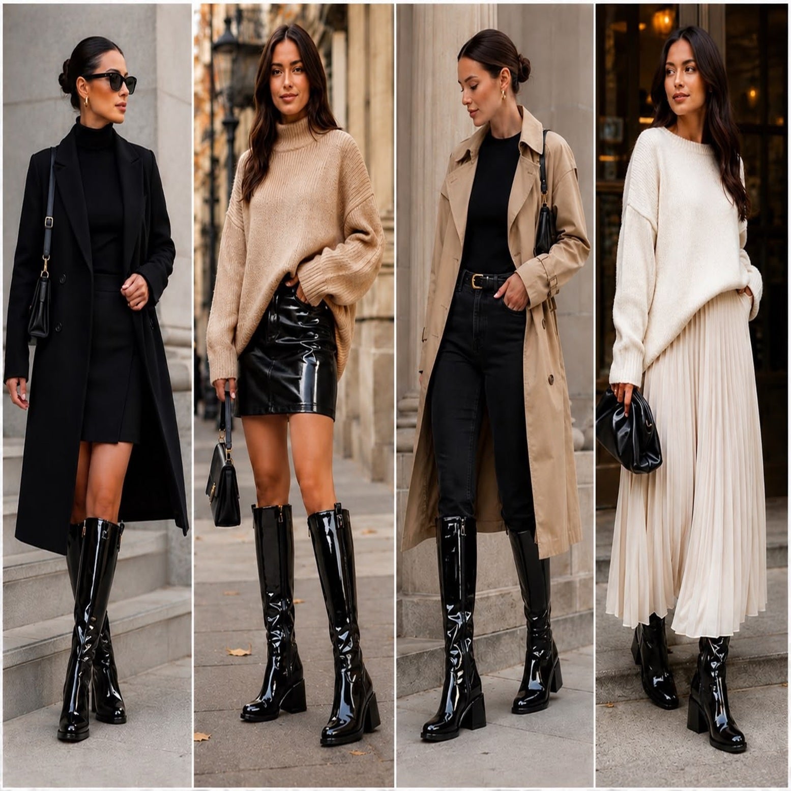 Women's Black Knee High Block Heel Zip Boots