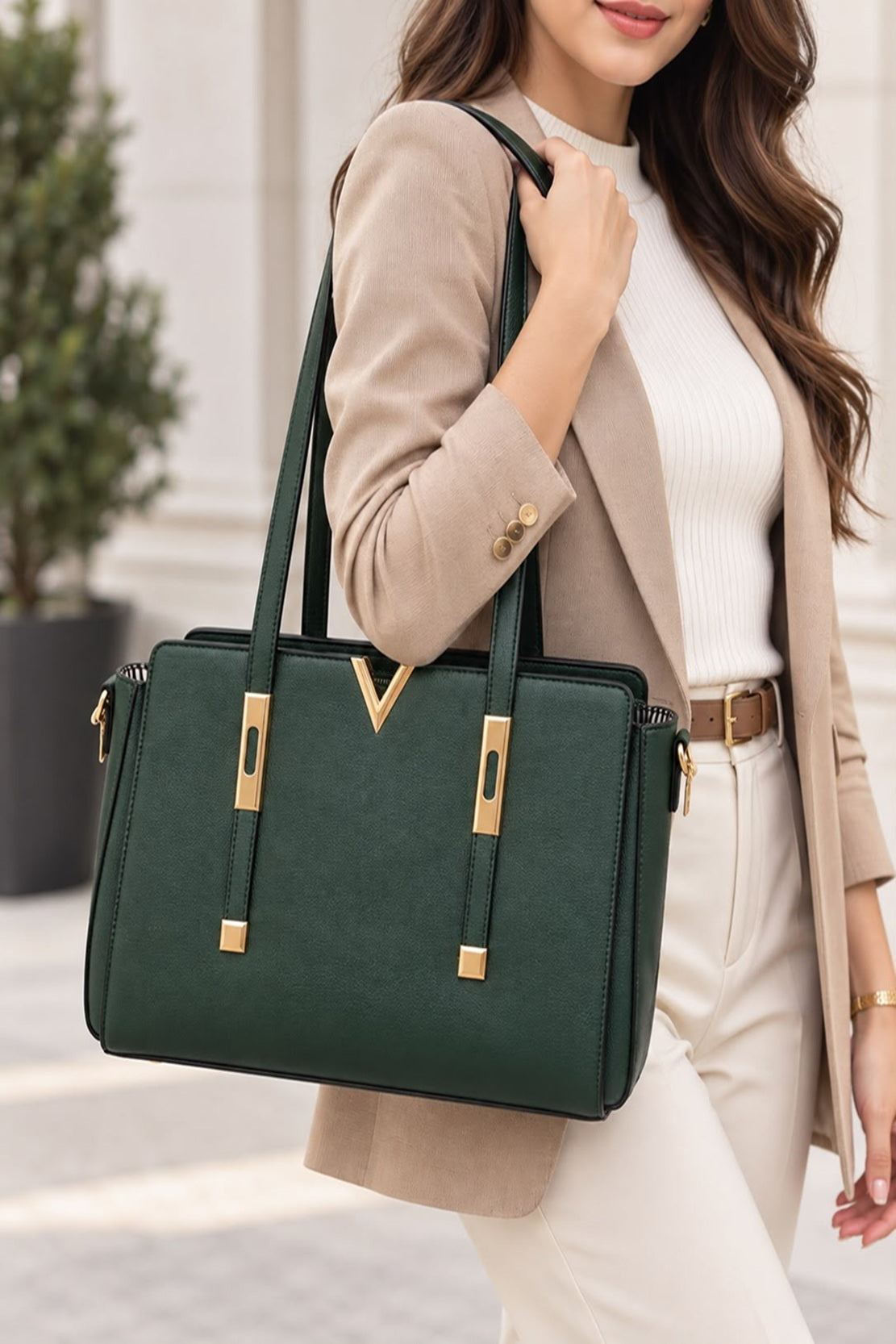Women's Structured Faux Leather Crossbody Green Tote Bag with Gold Hardware