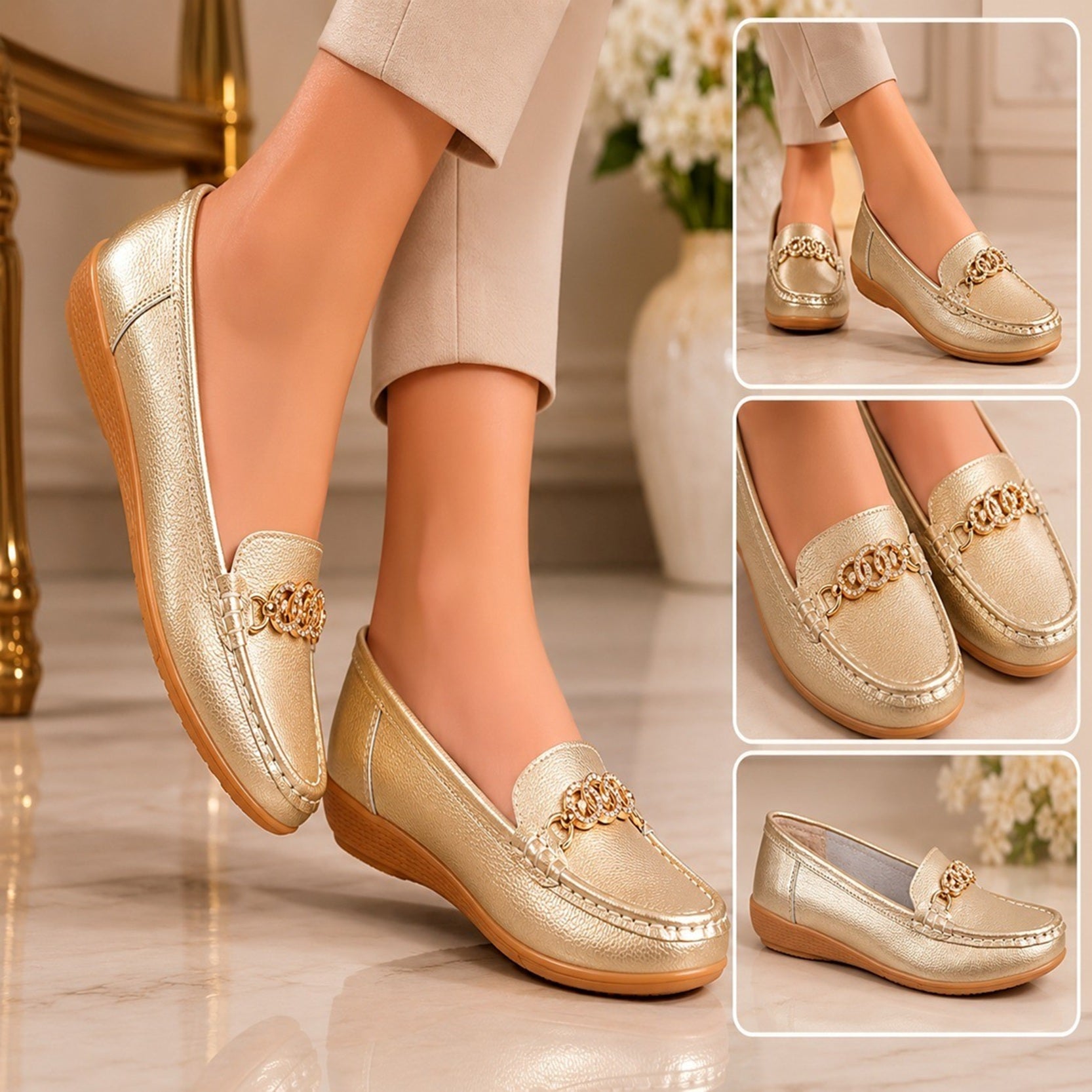 Women's Metallic Gold Chain Detail Loafers