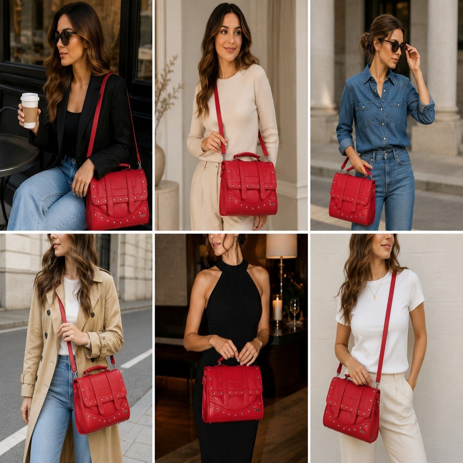 Women's Satchel Leather Grain PU Bag Twin Zips & Studs