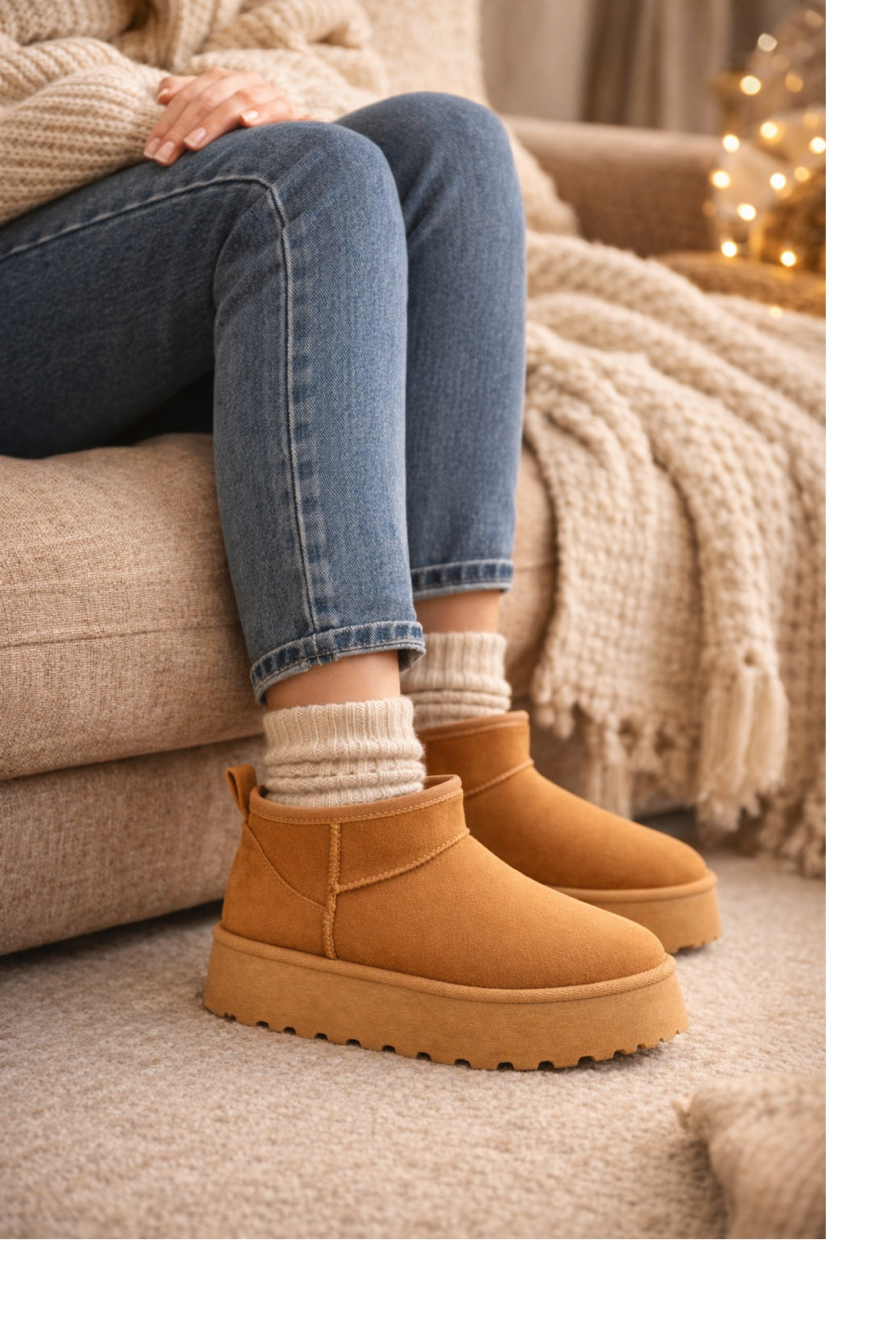 Platform Ankle Boots - Suede Slip-On Winter Shoes Chunky Sole