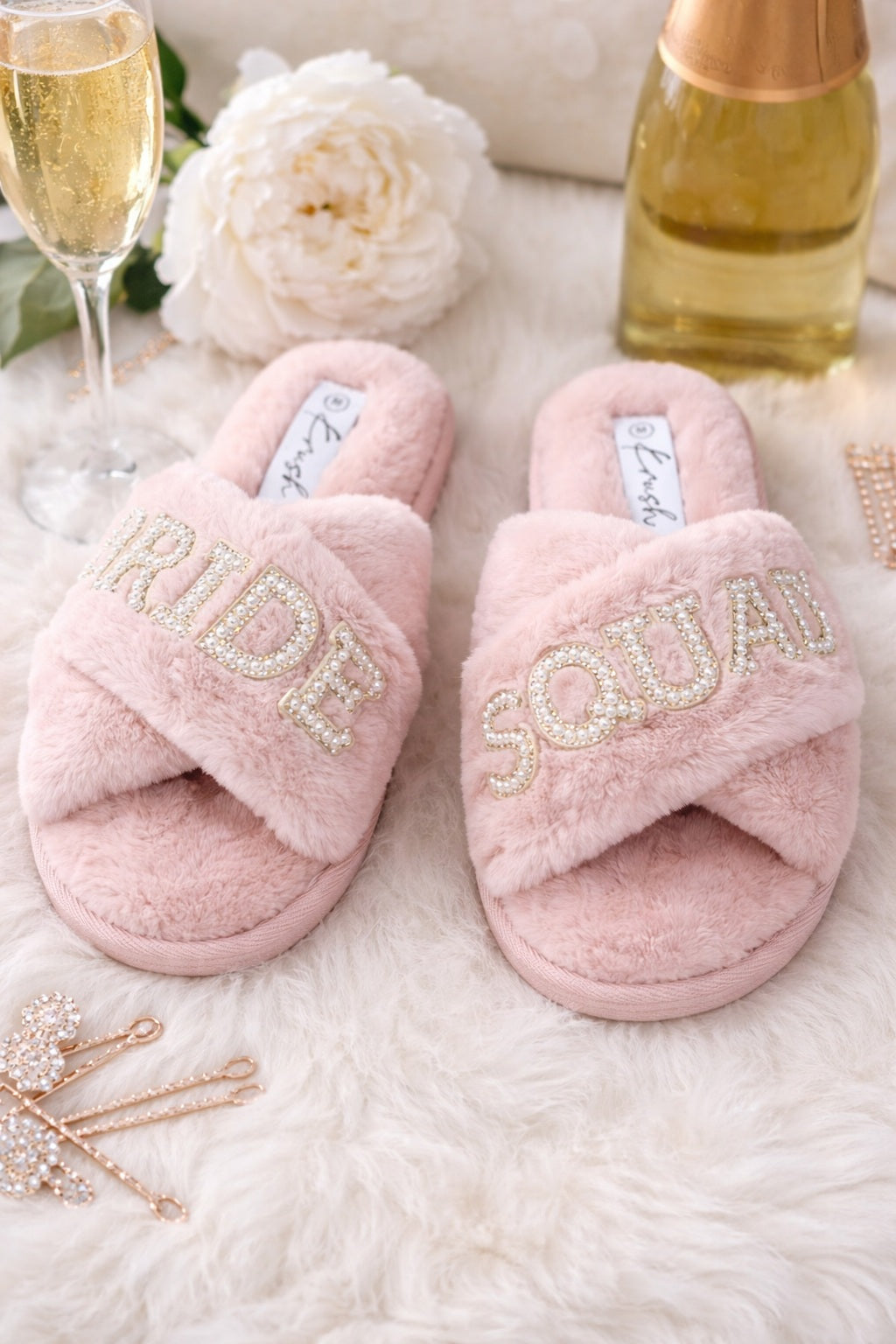 Women’s Fluffy Cross Strap Bride Squad Slippers – Soft Slides