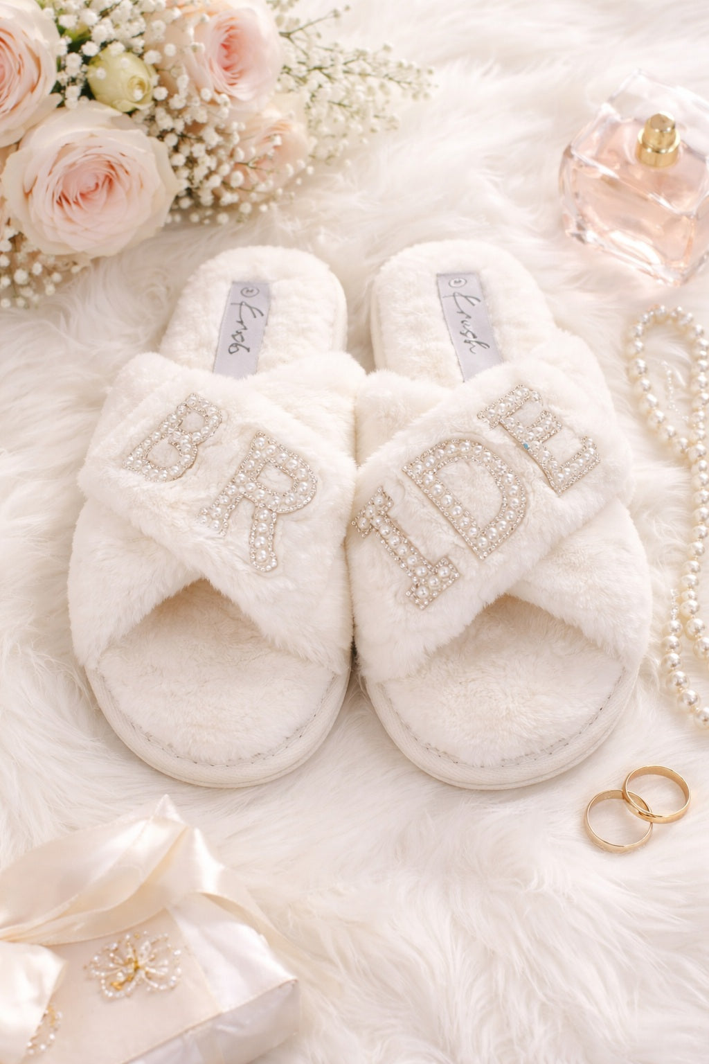 Fluffy Cross Strap BRIDE Rhinestone Soft Faux Wide Fit Slippers