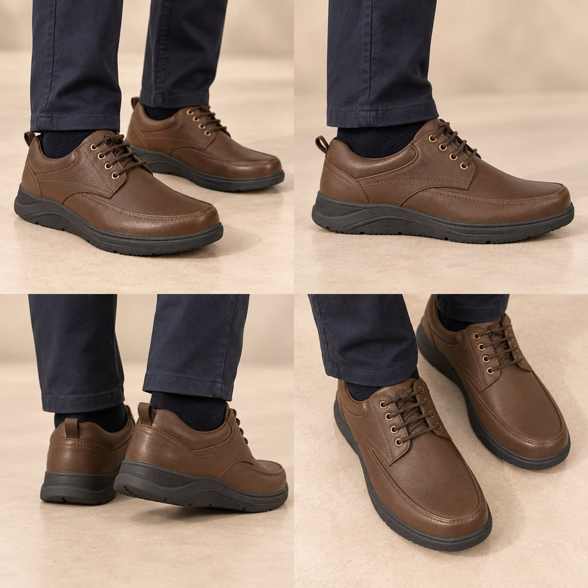 Brown PU Leather Lace-Up Casual Comfort Shoes Extra Wide Fit